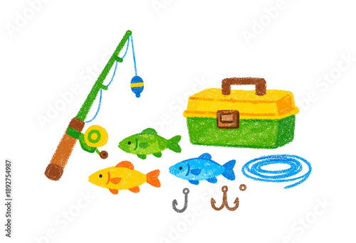 Colorful fishing kit with rod, hooks, and fish in crayon style