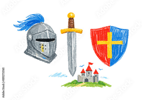 Medieval knight elements in crayon style including helmet, sword, shield, and castle