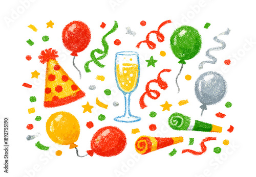 Festive celebration with balloons, party hat, and champagne glass