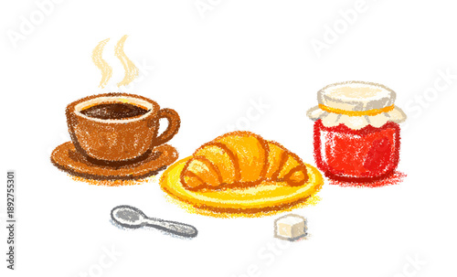 Cozy breakfast with coffee, croissant, and jam in crayon art style