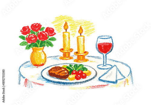 Cozy romantic dinner with roses and candlelight in crayon art style