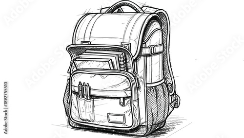 School backpack stands open showing supplies.