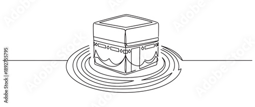 A simple line drawing of the Kaaba surrounded by concentric circles