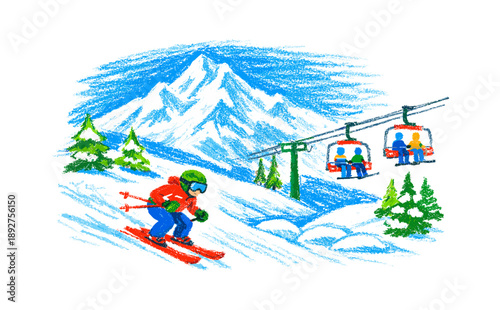 Colorful crayon ski scene with mountain and ski lift