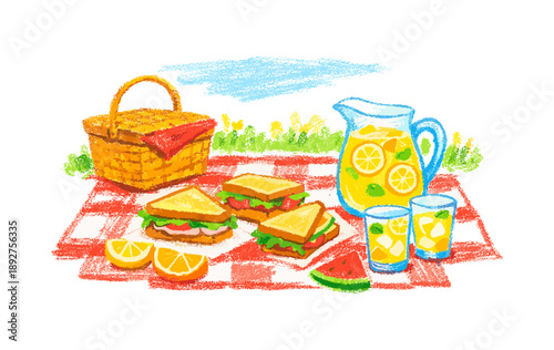 Chalk art picnic scene with sandwiches and lemonade on a sunny day