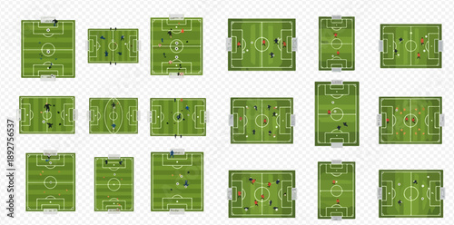 Set of top view soccer fields with players and goals, various football pitches for sports design.
