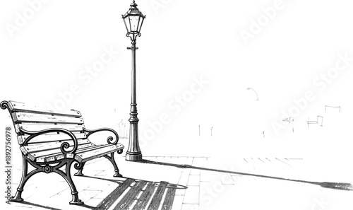 Empty park bench sits near tall gas street lamp.