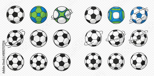 Collection of various soccer balls and footballs, including classic, green, blue, and spinning designs, perfect for sports-themed projects.