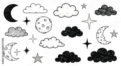 A collection of hand-drawn celestial elements including moons, stars, and clouds in various styles and shading.