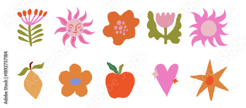 Vector whimsical illustrations in hand drawn doodle style, imperfect edges and wavy shapes, abstract dopamine art decor and design elements for posters, prints and cards