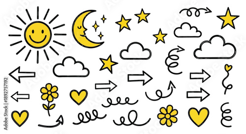 A collection of hand-drawn, whimsical yellow and black icons including a smiling sun, a crescent moon with stars, clouds, stars, hearts, flowers, and various arrows.
