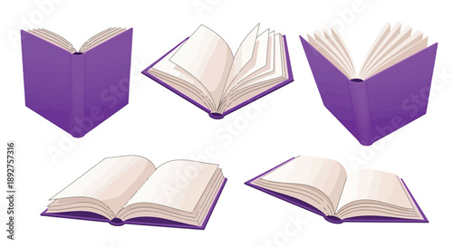 A collection of five open and closed purple books, presented from various angles, showcasing their pages and covers.