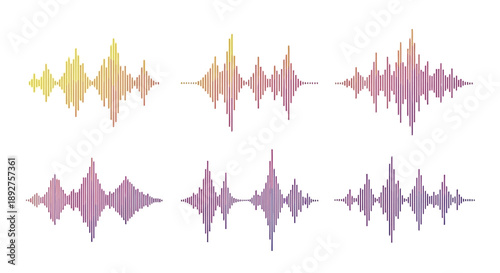Six distinct colorful sound wave visualizations displayed in two rows of three, showcasing varying amplitudes and frequencies.