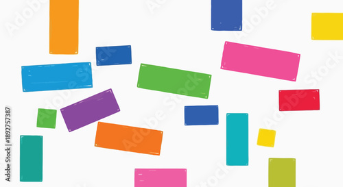 A vibrant and abstract composition of colorful rectangular shapes scattered across a white background, creating a playful and dynamic visual effect.