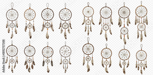 Collection of various dream catchers with feathers and beads on a transparent background.