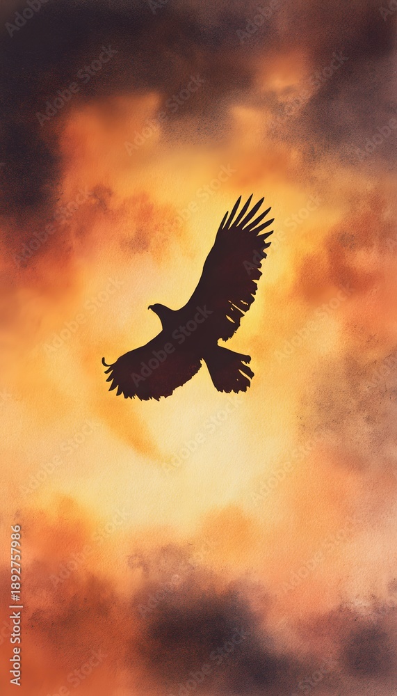 Obraz premium Majestic eagle soars against a vibrant sunset sky watercolor illustration evokes freedom and serene beauty