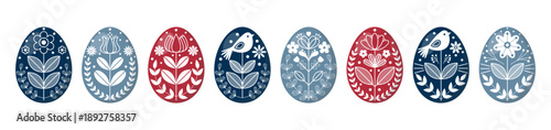 Scandinavian folk art Easter eggs collection with floral ornaments birds and tulips. Vector illustration