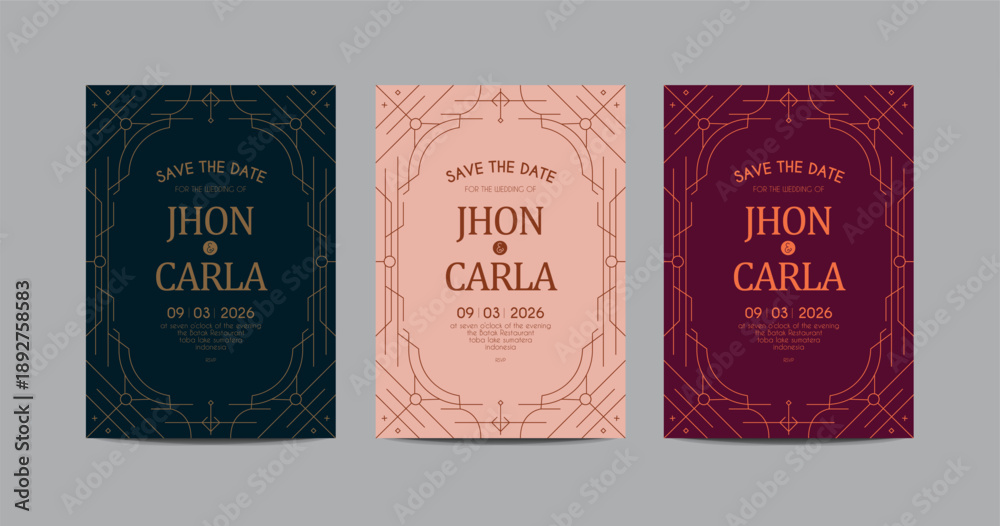 Naklejka premium Wedding Vintage Art Deco Invitation Template