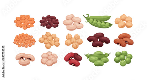 Illustration of various legumes including kidney beans, lentils, chickpeas, and peas on a white background, highlighting nutritional benefits.