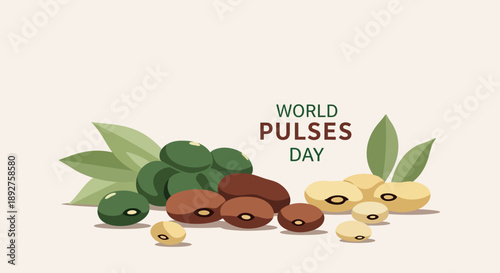 Illustration of various legumes including kidney beans, lentils, chickpeas, and peas, celebrating World Pulses Day with a focus on nutritional and environmental benefits in a vector graphic.