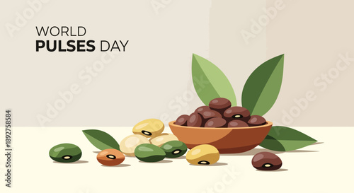 Illustration of a bowl of legumes with various types of pulses and green leaves on a beige background, celebrating World Pulses Day with a focus on healthy eating and nutritional benefits.