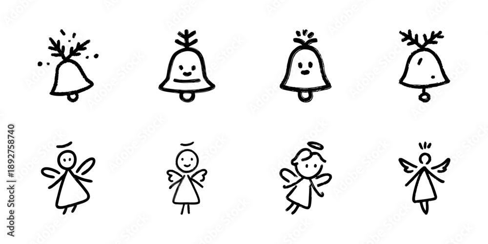 Fototapeta premium Christmas Bells And Angels Line Icon Set In Doodle Style. Festive Holiday Celebration And Joyful Spirit Outline Sketch Collection. Hand Drawn Isolated Vector Illustration