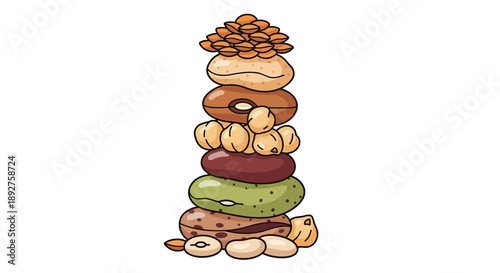 Illustration of a stacked pyramid of various legumes and nuts on a white background, highlighting nutritional and environmental benefits for World Pulses Day and healthy eating.