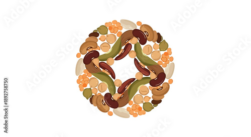 Vector illustration of a colorful legume mandala showcasing kidney beans, lentils, chickpeas, and peas, highlighting nutritional benefits on World Pulses Day with a vibrant, earthy tone