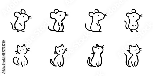 Mouse And Cat Line Icon Set In Doodle Style. Playful Animal Interaction And Pet Behavior Outline Sketch Collection. Hand Drawn Isolated Vector Illustration