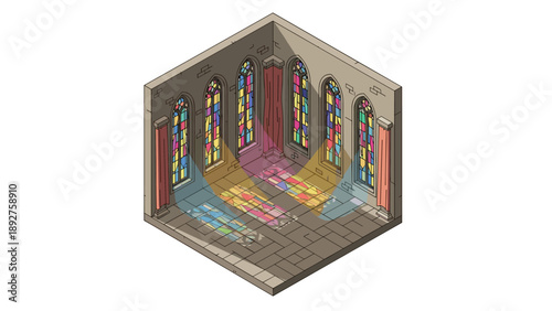 Isometric room with colorful stained glass windows and light reflections