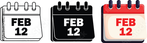 Collection of february 12th calendar icons in outline, solid, and colorful styles isolated on white background, Vector