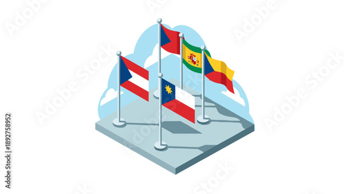 Colorful isometric flags display on pedestal with cloud background
