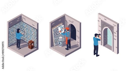 Isometric moroccan artistry: tiling, painting, and photography scenes in cultural interiors
