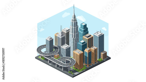 Isometric urban cityscape with skyscrapers and roads in a modern hexagonal layout