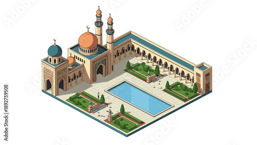 Isometric mosque with minarets and courtyard garden architecture