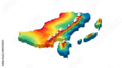 Colorful isometric topographical map with elevation layers and 3d terrain details