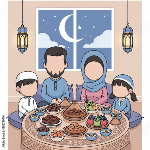 A Muslim family enjoying an Iftar meal together during Ramadan, with traditional food and lanterns under a crescent moonlit sky.