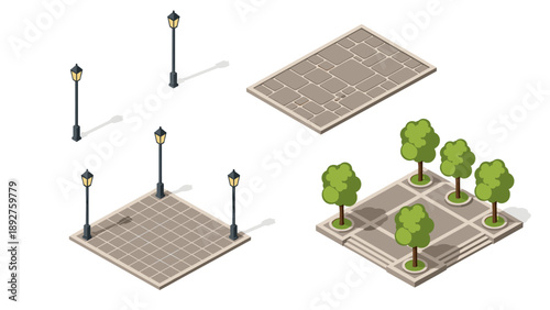 Isometric urban design with street lamps and greenery