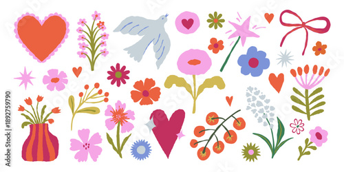 Vector hand drawn whimsical illustrations in doodle sketch style, flowers and hearts, love and valentine day theme, wedding cards, invitations and stationery