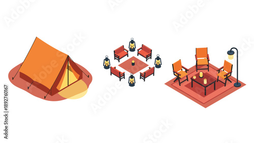 Isometric outdoor camping: tent, chairs, and lanterns for a cozy evening setup
