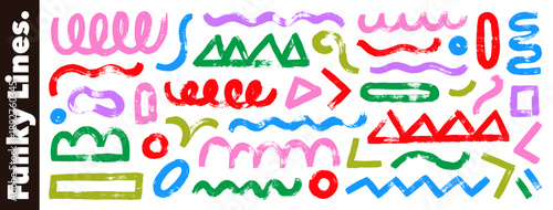 Colorful naive bold brush drawn wavy lines, squiggles and geometric primitive shapes. Brush drawn squiggly strokes, zigzag and wavy lines collection. Colorful grunge doodle shapes and underlines.