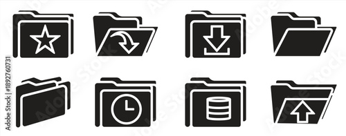Data folder icons in various styles. Can be used for web, mobile, and UI. EPS 10 with white background, vector illustration.

