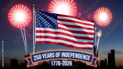 Patriotic celebration of 250 years of American independence with fireworks and city skyline, commemorating 1776-2026.