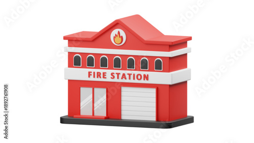 A stylized 3D model of a red and white fire station with a garage door and a flame icon on the roof.