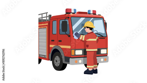 An illustration of a firefighter in full protective yellow gear standing next to a large red fire truck.