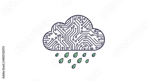 Cloud computing circuit board rain green droplets technology concept