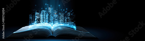 Digital literacy concept with open book and glowing futuristic cityscape emerging from pages symbolizing knowledge and technology
