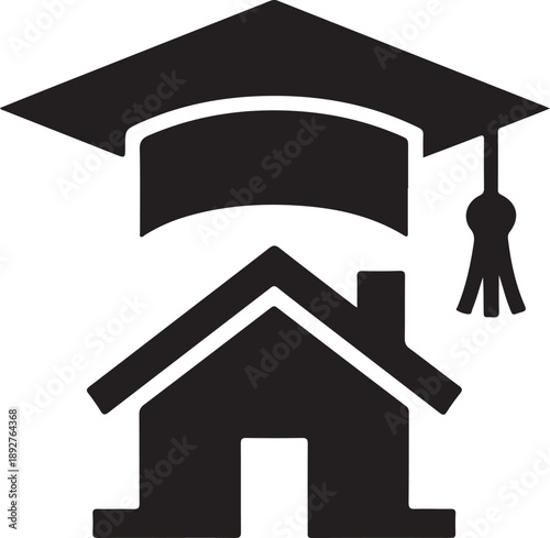 A simple black silhouette depicts a graduation cap resting atop a house shape symbolizing education and home high quality