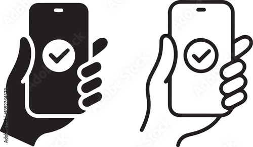 A black and white illustration depicts two hands holding smartphones with checkmark icons displayed on their screens high quality