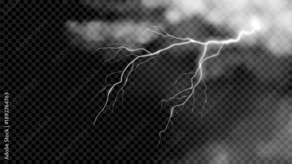 Obraz premium White realistic thunderclouds template with lightning. Vector white clouds and electric lightning bolt. Thunderstorm weather with atmospheric phenomena with thunderstorm pierces clouds.
